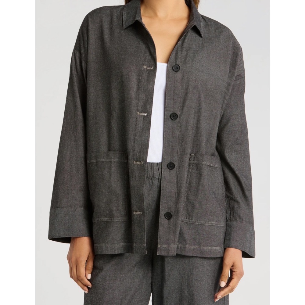 Eileen Fisher Organic Cotton Denim Chore Twill Jacket Oversized Gray S Elegant